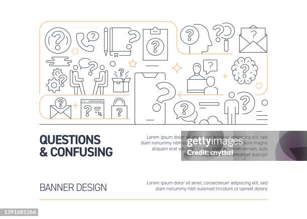 questions and confusion related vector banner design concept, modern line style with icons - email header stock illustrations