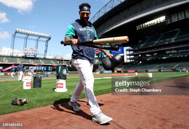 Abraham Toro of the Seattle Mariners reacts before the game against the Houston Astros at T-Mobile Park on April 15, 2022 in Seattle, Washington. All...