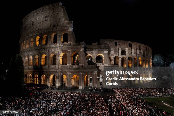 General view of the Colosseum during the Way of the Cross, Via Crucis, led by Pope Francis, at Rome's Colosseum, on April 15, 2022 in Rome, Italy....