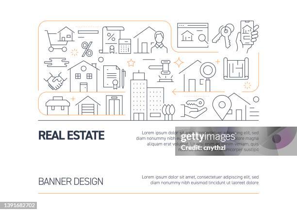 real estate related vector banner design concept, modern line style with icons - contractor computer stock illustrations