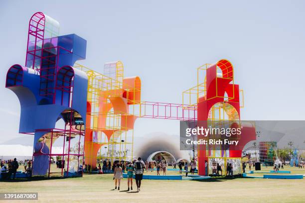 Festivalgoers attend the 2022 Coachella Valley Music And Arts Festival on April 15, 2022 in Indio, California. On April 15, 2022 in Indio,...