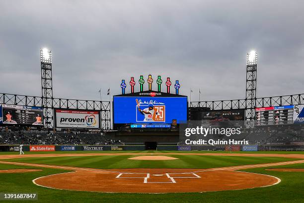 Jackie Robinson Day signage is seen on the scoreboard before the game between the Chicago White Sox and the Tampa Bay Rays at Guaranteed Rate Field...