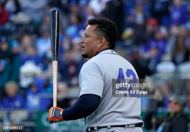 Miguel Cabrera of the Detroit Tigers swings his bat as he warms up in the first inning against the Kansas City Royals at Kauffman Stadium on April...