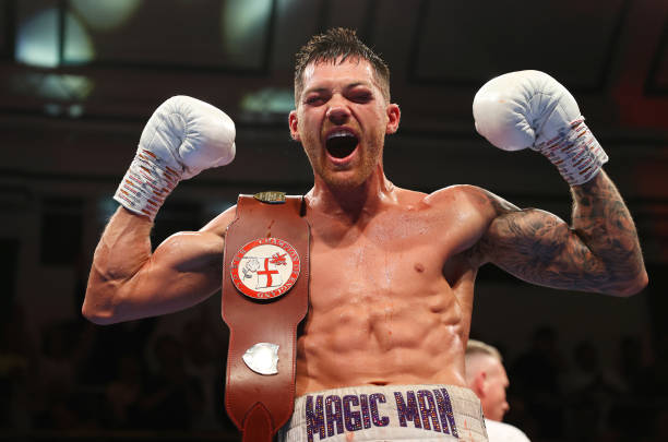 Sam Gilley celebrates victory after the Super Welterweight fight between Sam Gilley and Drew Brown during the MTK Fight Night at York Hall on April...