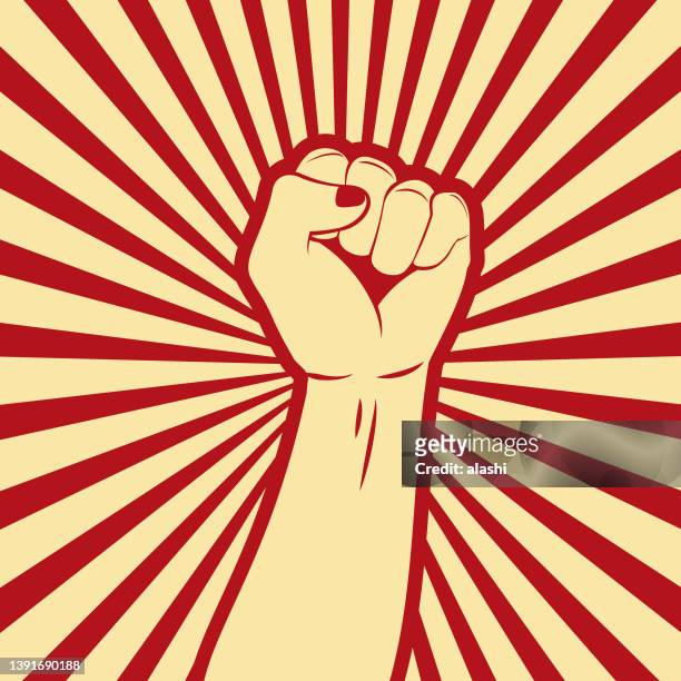 ilustraciones, imágenes clip art, dibujos animados e iconos de stock de puño de la revolución con clavos rojos cartel de propaganda - puño manga