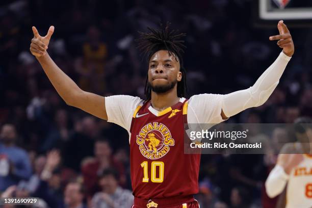 Darius Garland of the Cleveland Cavaliers celebrates during the first half against the Atlanta Hawks at Rocket Mortgage Fieldhouse on April 15, 2022...