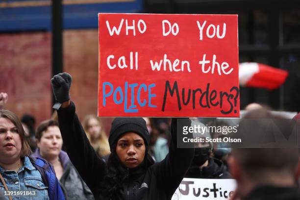 Demonstrators protesting the killing of Patrick Lyoya gather in front of the Grand Rapids police station on April 15, 2022 in Grand Rapids, Michigan....