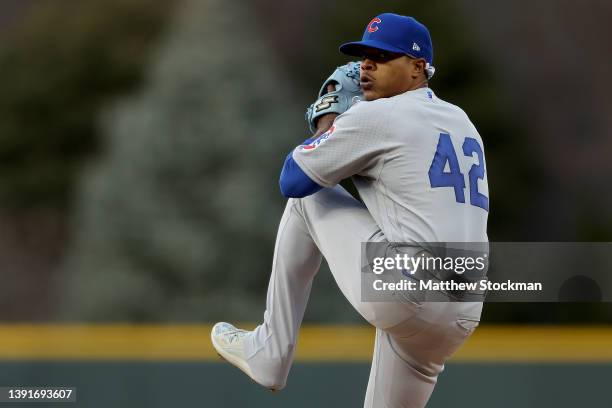 Starting pitcher Marcus Stroman of the Chicago Cubs throws against the Colorado Rockies in the first inning at Coors Field on April 14, 2022 in...