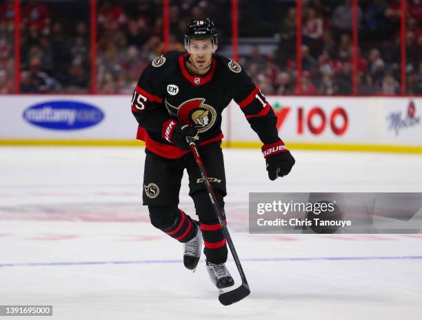Michael Del Zotto of the Ottawa Senators skates against the Detroit Red Wings at Canadian Tire Centre on April 03, 2022 in Ottawa, Ontario.