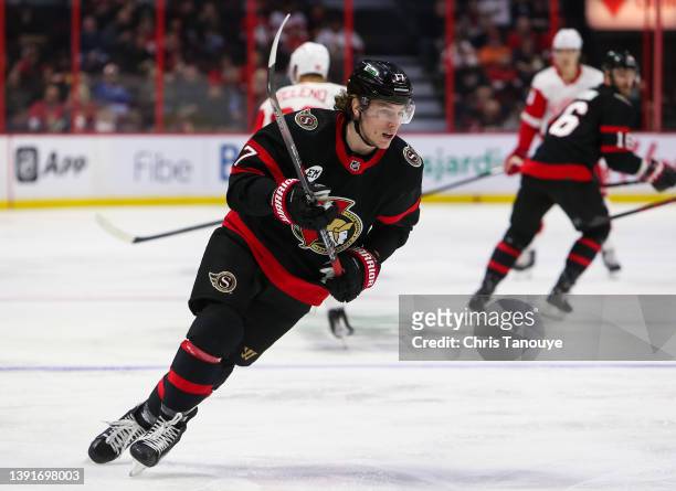 Adam Gaudette of the Ottawa Senators skates against the Detroit Red Wings at Canadian Tire Centre on April 03, 2022 in Ottawa, Ontario.