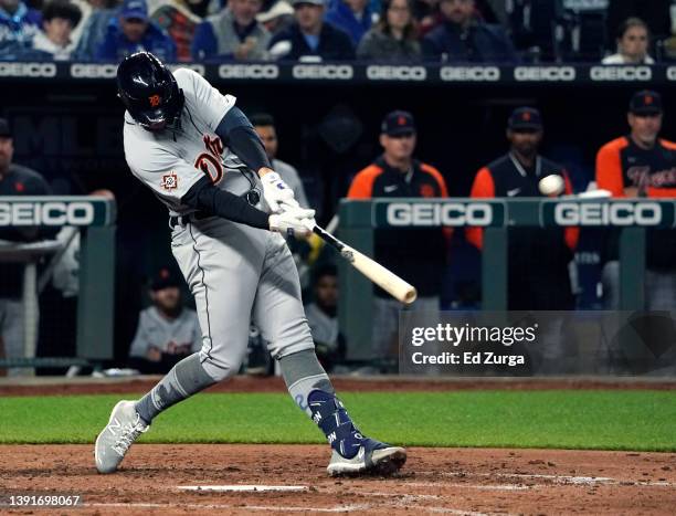 Spencer Torkelson of the Detroit Tigers hits a two-run home run against the Kansas City Royals in the seventh inning at Kauffman Stadium on April 15,...