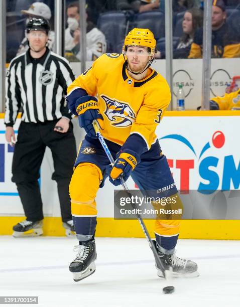 Jeremy Lauzon of the Nashville Predators skates against the Edmonton Oilers during an NHL game at Bridgestone Arena on April 14, 2022 in Nashville,...