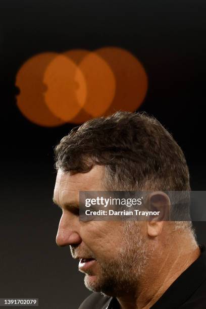 Stand in Coach of St Kilda, Brendon Lade looks on in the warm up before the round five AFL match between the St Kilda Saints and the Gold Coast Suns...