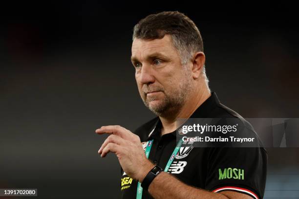 Stand in Coach of St Kilda, Brendon Lade looks on in the warm up before the round five AFL match between the St Kilda Saints and the Gold Coast Suns...