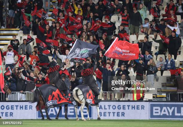 The Crusaders horses are back during the round four Super Rugby Pacific match between the Crusaders and the Chiefs at Orangetheory Stadium on April...