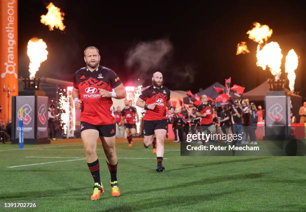 Crusaders props Joe Moody, left, and Oli Jager run out during the round four Super Rugby Pacific match between the Crusaders and the Chiefs at...