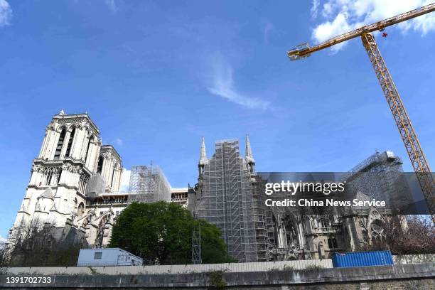 Scaffolding surrounds the Notre-Dame Cathedral three years after fire ravaged the emblematic monument on April 15, 2022 in Paris, France.