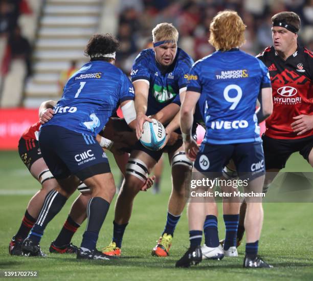 Josh Goodhue from the Blues with the ball during the round four Super Rugby Pacific match between the Crusaders and the Chiefs at Orangetheory...