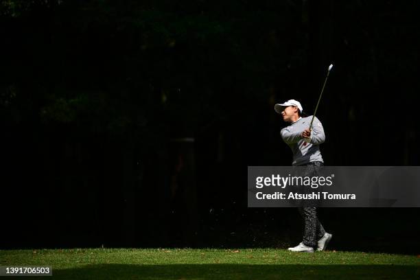 Sakura Yokomine of Japan hits her second shot on the 2nd hole during the second round of KKTcup Vantelin Ladies Open at Kumamoto Kuko Country Club on...