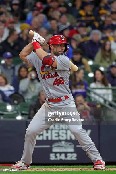 Paul Goldschmidt of the St. Louis Cardinals at bat against the Milwaukee Brewers during Opening Day at American Family Field on April 14, 2022 in...