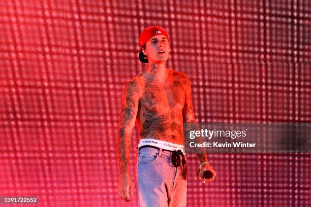 Justin Bieber performs with Daniel Caesar onstage at the Coachella Stage during the 2022 Coachella Valley Music And Arts Festival on April 15, 2022...