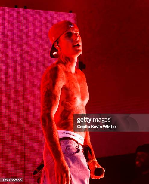 Justin Bieber performs with Daniel Caesar onstage at the Coachella Stage during the 2022 Coachella Valley Music And Arts Festival on April 15, 2022...