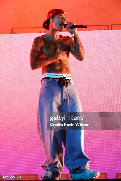 Justin Bieber performs with Daniel Caesar onstage at the Coachella Stage during the 2022 Coachella Valley Music And Arts Festival on April 15, 2022...