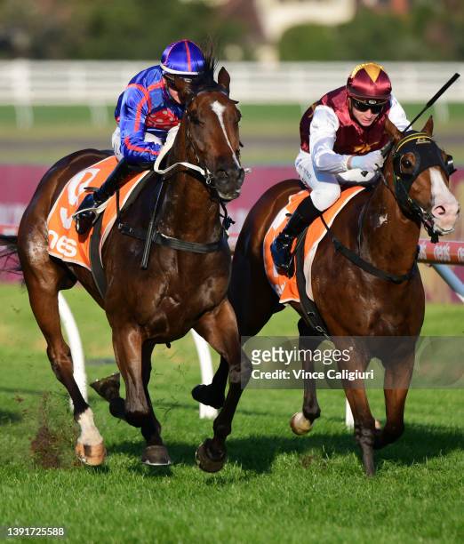 Jamie Kah riding Ayrton winning Race 8, the Neds Victoria Handicap, during Melbourne Racing at Caulfield Racecourse on April 16, 2022 in Melbourne,...
