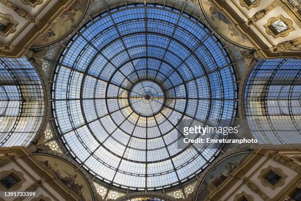 low angle view of glass dome of galleria vittorio emanuelle 2. - galleria vittorio emanuele ii stock pictures, royalty-free photos & images