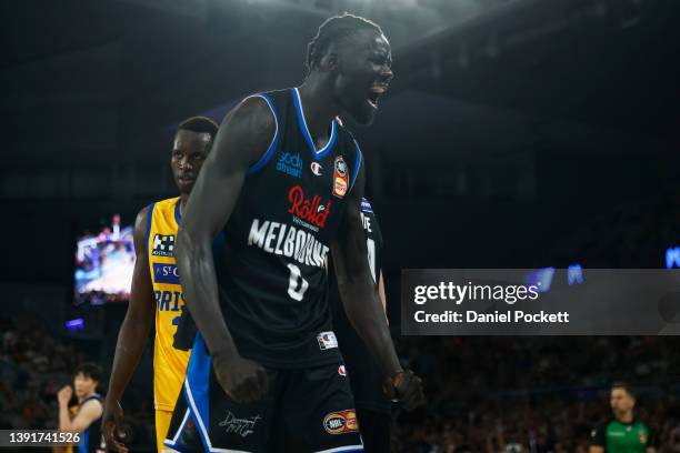 Jo Lual-Acuil of United celebrates a basket and foul during the round 20 NBL match between Melbourne United and Brisbane Bullets at John Cain Arena...