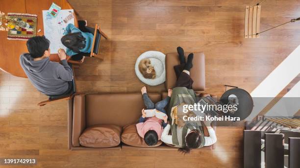 family relaxed with dogs in the living room, aerial view - mann frau hund zuhause stock-fotos und bilder