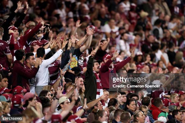 Sea Eagles fans cheer during the round six NRL match between the Manly Sea Eagles and the Gold Coast Titans at 4 Pines Park, on April 16 in Sydney,...