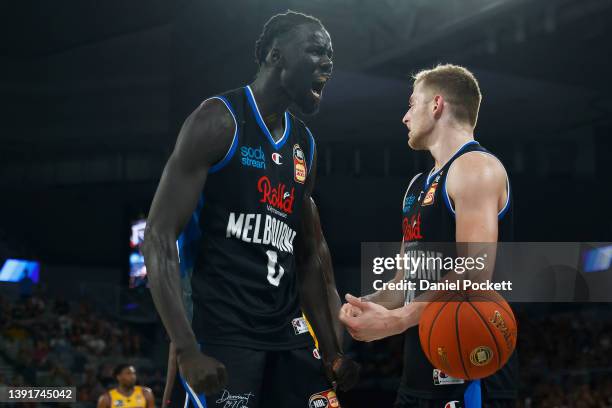 Jo Lual-Acuil of United celebrates a basket and foul during the round 20 NBL match between Melbourne United and Brisbane Bullets at John Cain Arena...