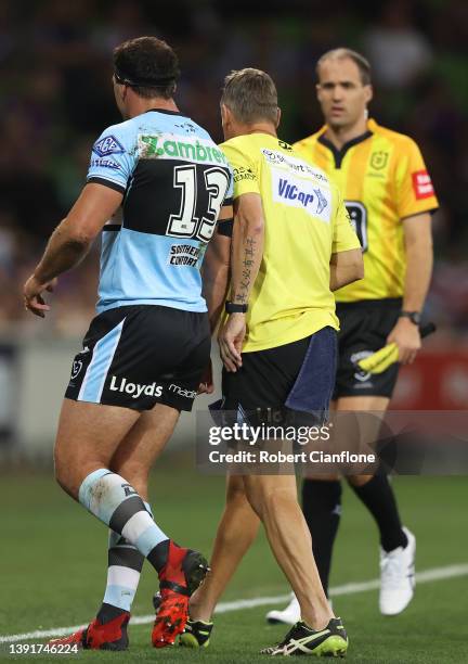 Dale Finucane of the Sharks leaves the ground during the round six NRL match between the Melbourne Storm and the Cronulla Sharks at AAMI Park, on...