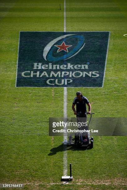 The groundman working on the pitch before kick off during the Heineken Champions Cup Round of 16 Leg Two match between Harlequins and Montpellier...