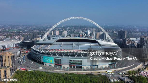 An aerial view of Wembley Stadium is seen prior to The Emirates FA Cup Semi-Final match between Manchester City and Liverpool at Wembley Stadium on...