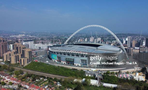 An aerial view of Wembley Stadium is seen prior to The Emirates FA Cup Semi-Final match between Manchester City and Liverpool at Wembley Stadium on...