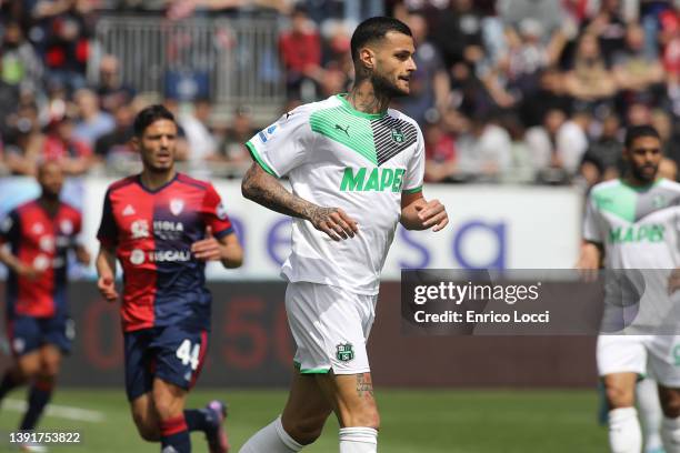 Gianluca Scamacca of Sassuolo in action during the Serie A match between Cagliari Calcio and US Sassuolo at Sardegna Arena on April 16, 2022 in...