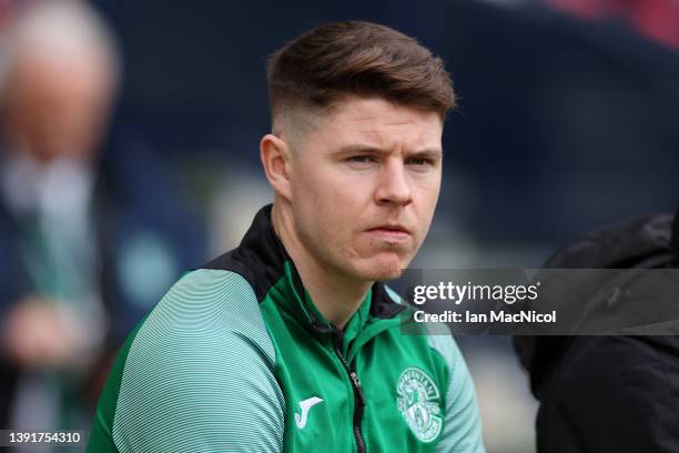 Kevin Nisbet of Hibernian FC looks on prior to the Scottish Cup Semi Final match between Heart Of Midlothian FC and Hibernian FC at Hampden Park on...