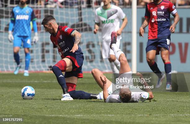 Alessandro Deiola of Cagliari in contrast during the Serie A match between Cagliari Calcio and US Sassuolo at Sardegna Arena on April 16, 2022 in...