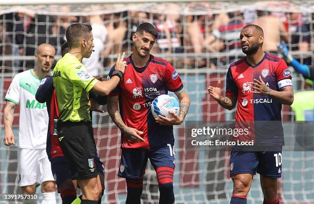 Alessandro Deiola of Cagliari reacts during the Serie A match between Cagliari Calcio and US Sassuolo at Sardegna Arena on April 16, 2022 in...