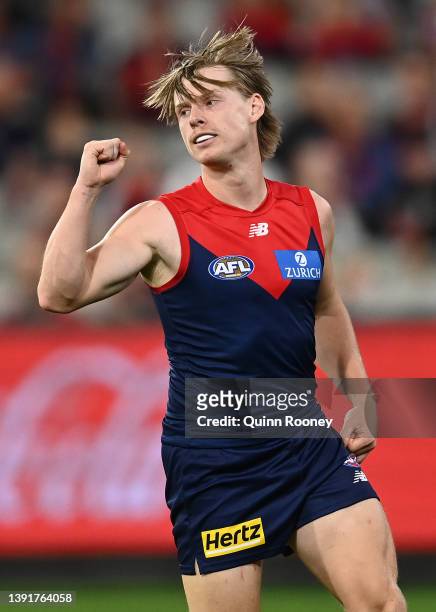 Charlie Spargo of the Demons celebrates kicking a goal during the round five AFL match between the Melbourne Demons and the Greater Western Sydney...