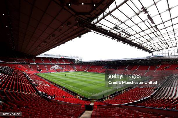 General view of Old Trafford ahead of the Premier League match between Manchester United and Norwich City at Old Trafford on April 16, 2022 in...