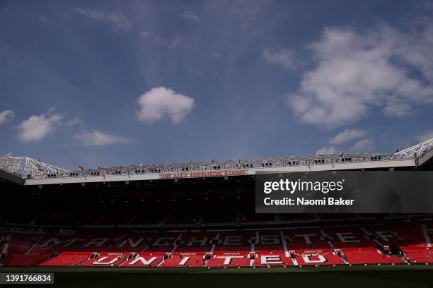 General view inside the stadium prior to the Premier League match between Manchester United and Norwich City at Old Trafford on April 16, 2022 in...