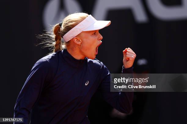 Harriet Dart of Great Britain celebrates a point against Linda Fruhvirtova of Czech Republic during day two of the Billie Jean King Cup Play-Off...