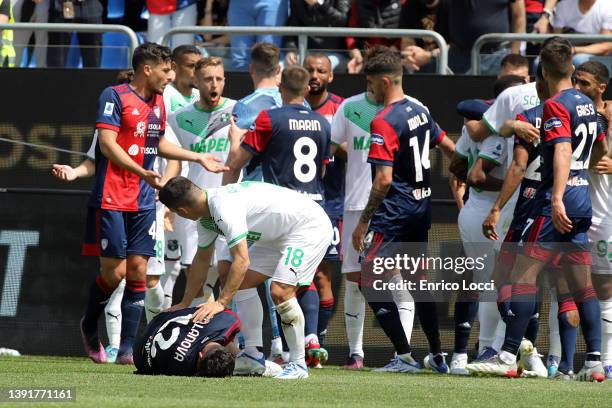 Raoul Bellanova of Cagliari injured during the Serie A match between Cagliari Calcio and US Sassuolo at Sardegna Arena on April 16, 2022 in Cagliari,...