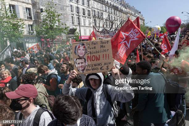 Protesters demonstrate against the rise of the far-right in French politics, on April 16, 2022 in Paris, France. Between the two voting rounds in the...