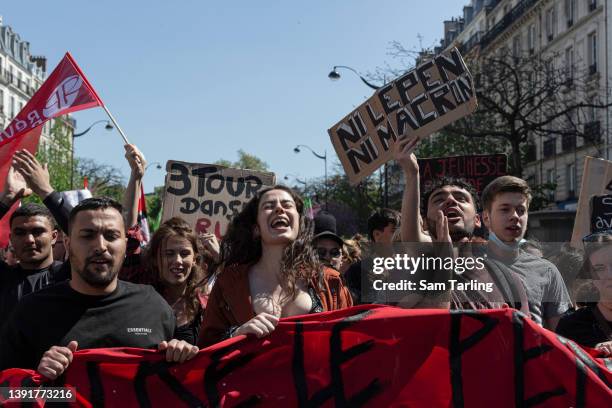 Protesters demonstrate against the rise of the far-right in French politics, on April 16, 2022 in Paris, France. Between the two voting rounds in the...