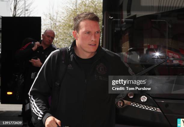 Phil Jones of Manchester United arrives ahead of the Premier League match between Manchester United and Norwich City at Old Trafford on April 16,...