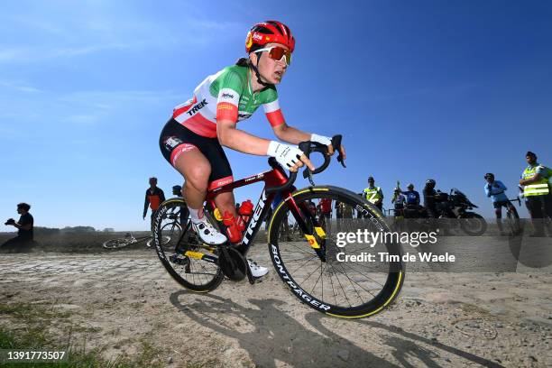 Elisa Longo Borghini of Italy and Team Trek - Segafredo competes in the breakaway through a cobblestones sector during the 2nd Paris-Roubaix 2022 -...